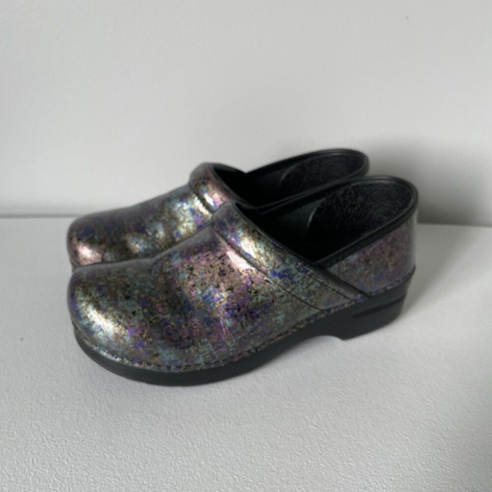 Dansko Slip-On Clogs Shiny Purple Blue Pattern Medical Nurse Women's Size 40